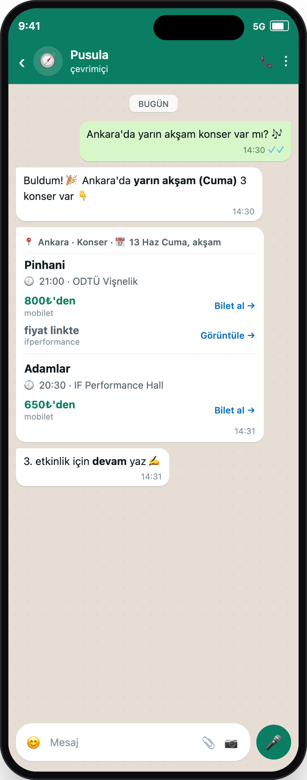 Pusula WhatsApp sohbet ekranı